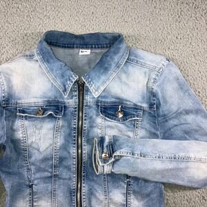 Miss Sexy Blue Acid Wash Zip Up Denim Jacket Women Medium Y2K Moto Grunge Street